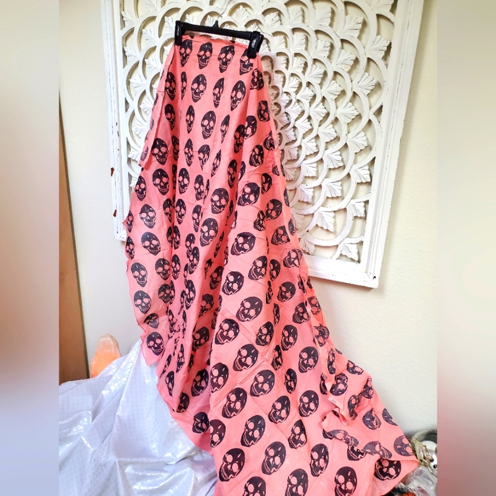 Raj Huge Pink Scarf With Black Skulls Deadstock NWT OSFM Huge Wrap